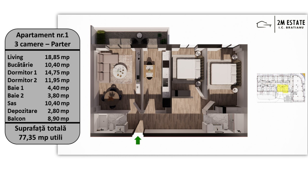 Apartament 3 camere, 76.35 mp utili, 8.90 mp balcon/terasă – Parter