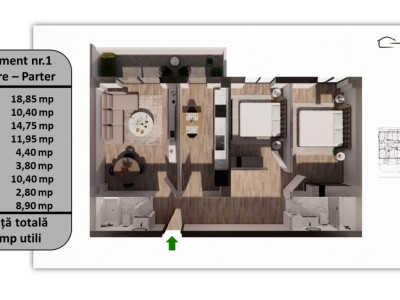Apartament 3 camere, 76.35 mp utili, 8.90 mp balcon/terasă – Parter