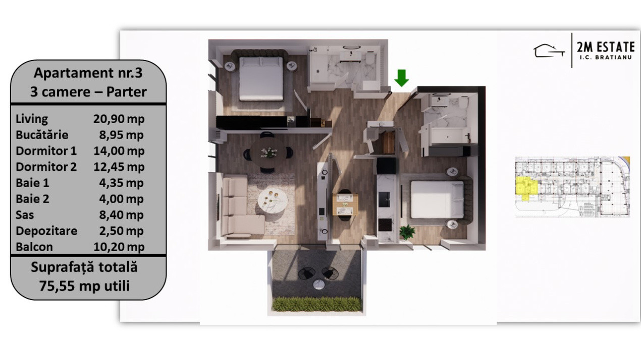 Apartament 3 camere, 75.55 mp utili, 10.20 mp balcon/terasă – Parter