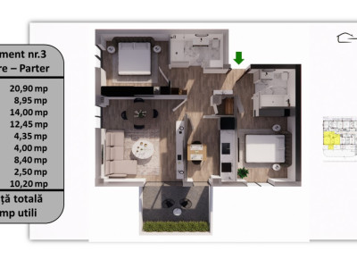 Apartament 3 camere, 75.55 mp utili, 10.20 mp balcon/terasă – Parter