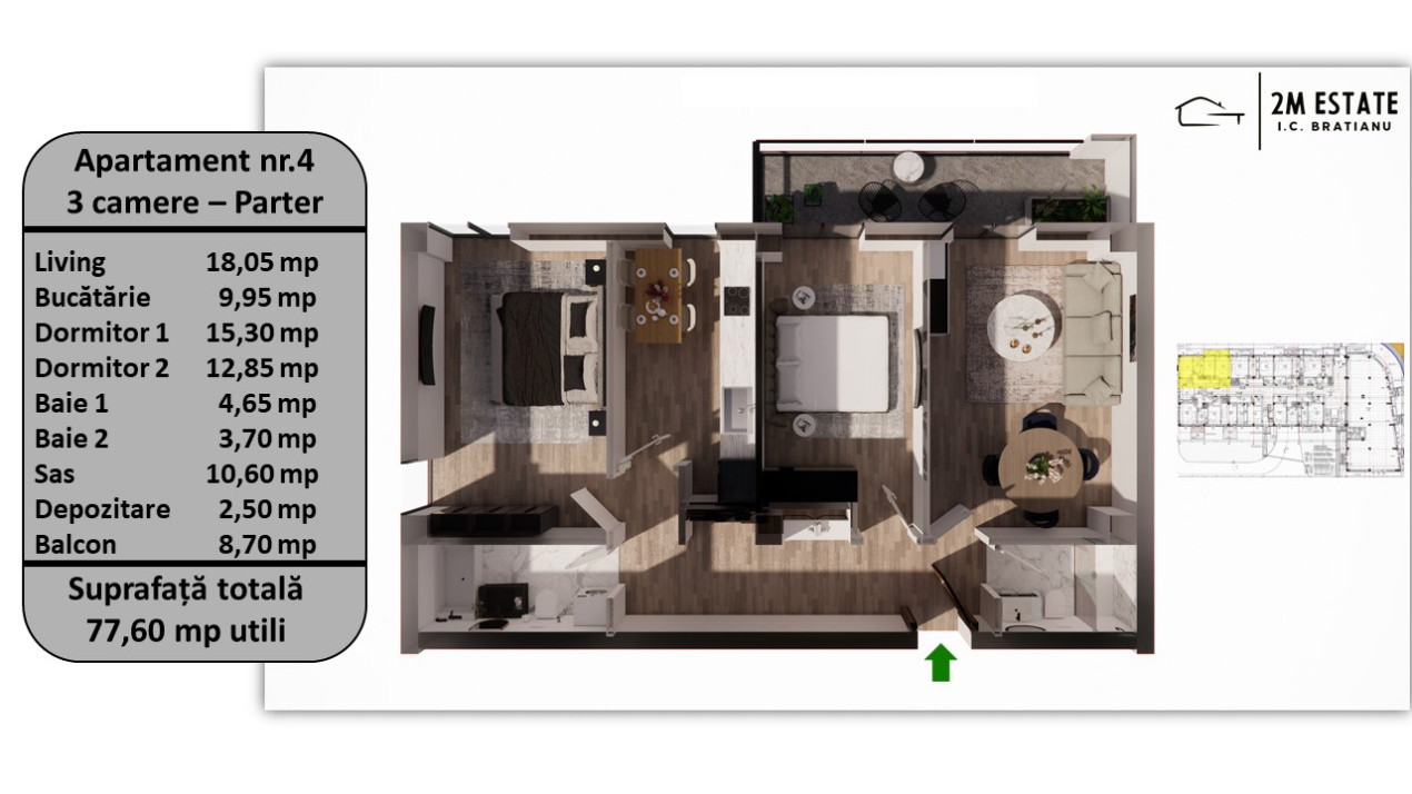 Apartament 3 camere, 77.60 mp utili, 8.70 mp balcon/terasă – Parter