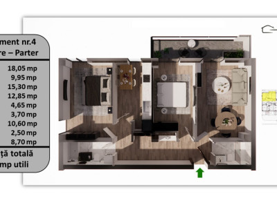 Apartament 3 camere, 77.60 mp utili, 8.70 mp balcon/terasă – Parter