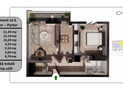 Apartament 2 camere, 66.65 mp utili, 8.70 mp balcon/terasă – Parter