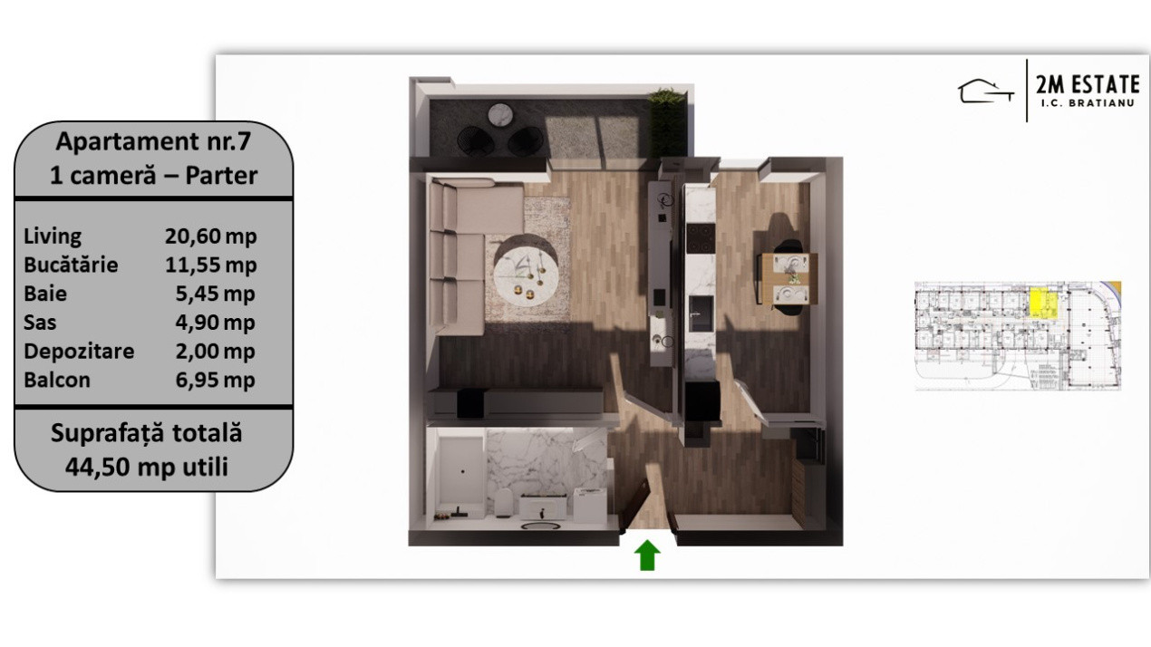 Apartament 1 camera, 44.50 mp utili, 6.95 mp balcon/terasă – Parter