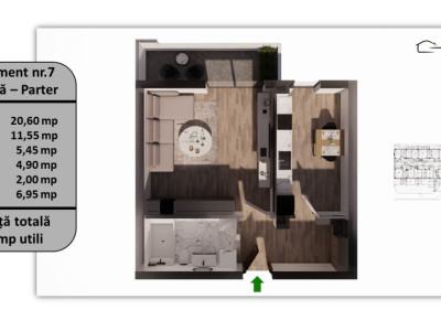 Apartament 1 camera, 44.50 mp utili, 6.95 mp balcon/terasă – Parter