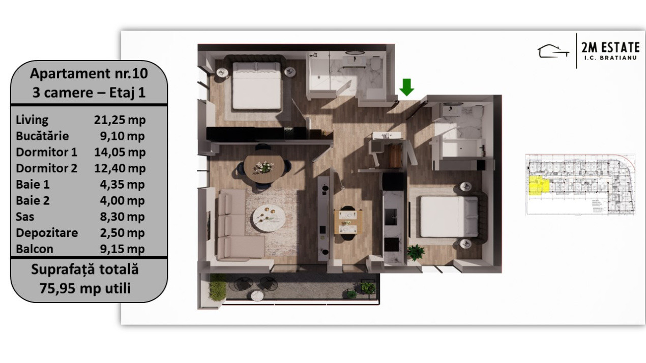 Apartament 3 camere, 75.95 mp utili, 9.15 mp balcon/terasă – Etaj 1