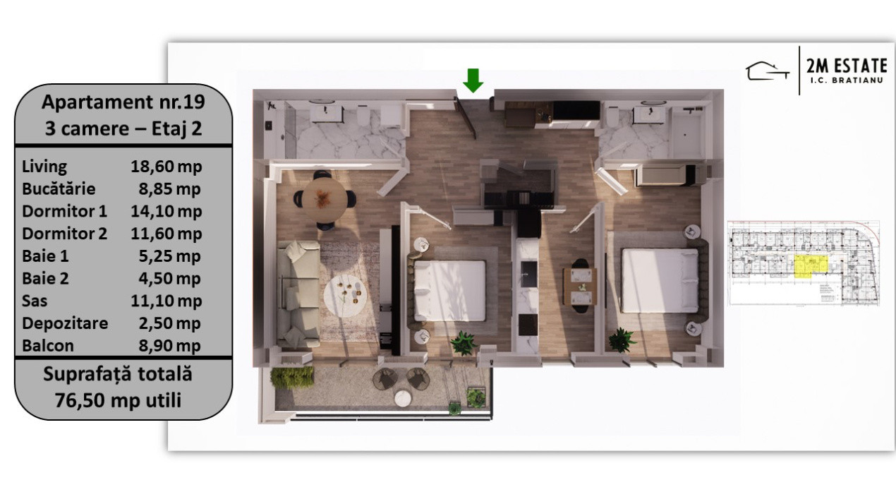 Apartament 3 camere, 76.50 mp utili, 8.90 mp balcon/terasă – Etaj 2