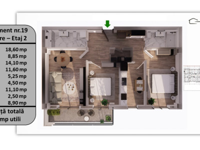 Apartament 3 camere, 76.50 mp utili, 8.90 mp balcon/terasă – Etaj 2