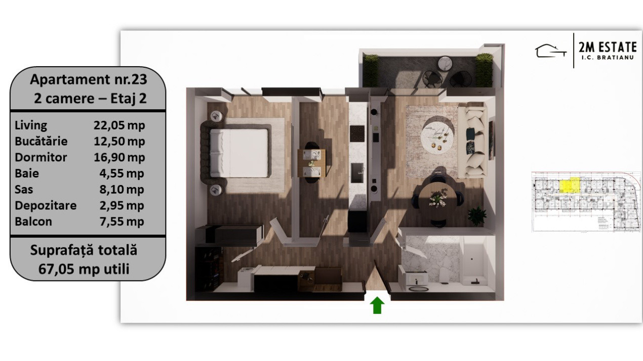 Apartament 2 camere, 67.05 mp utili, 7.55 mp balcon/terasă – Etaj 2