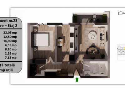 Apartament 2 camere, 67.05 mp utili, 7.55 mp balcon/terasă – Etaj 2
