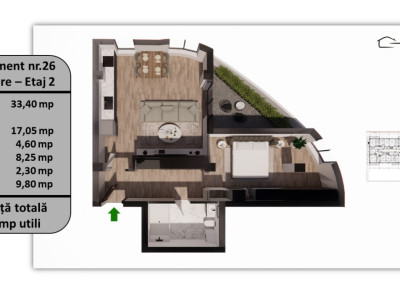 Apartament 2 camere, 65.60 mp utili, 9.80 mp balcon/terasă – Etaj 2