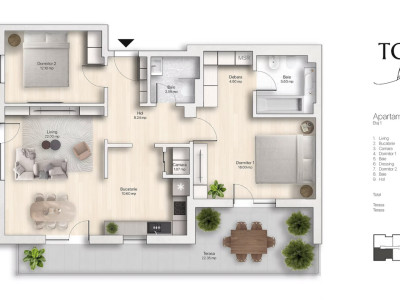 Apartament 3 camere, 85,76 mp utili, 8,84 mp balcon, 30,85 mp terasă – Etaj 1