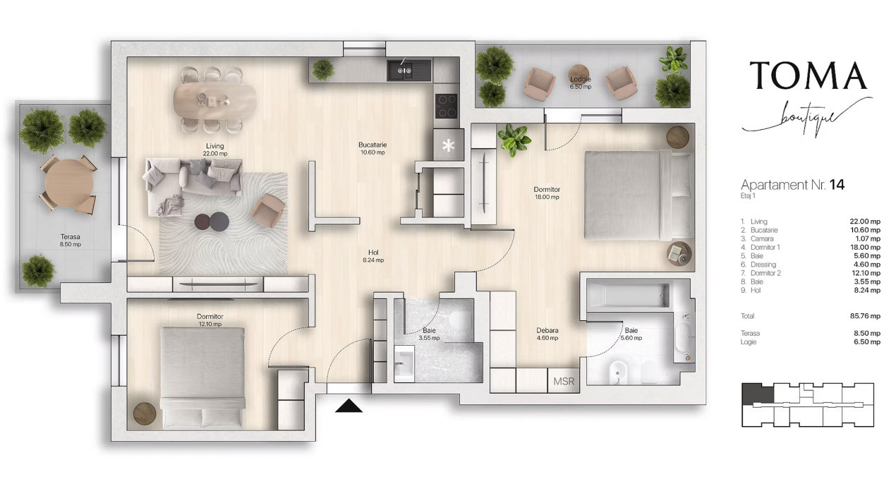 Apartament 3 camere, 85,76 mp utili, 6,50 mp balcon, 80,50 mp terasă – Etaj 1