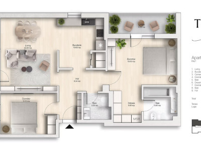 Apartament 3 camere, 85,76 mp utili, 6,50 mp balcon, 80,50 mp terasă – Etaj 1