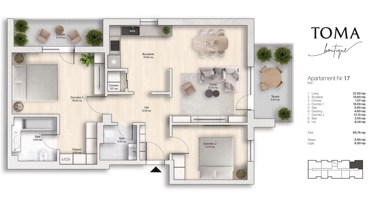 Apartament 3 camere, 85,76 mp utili, 15,00 mp balcon/terasă – Etaj 1
