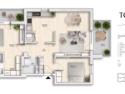 Apartament 3 camere, 85,76 mp utili, 15,00 mp balcon/terasă – Etaj 1