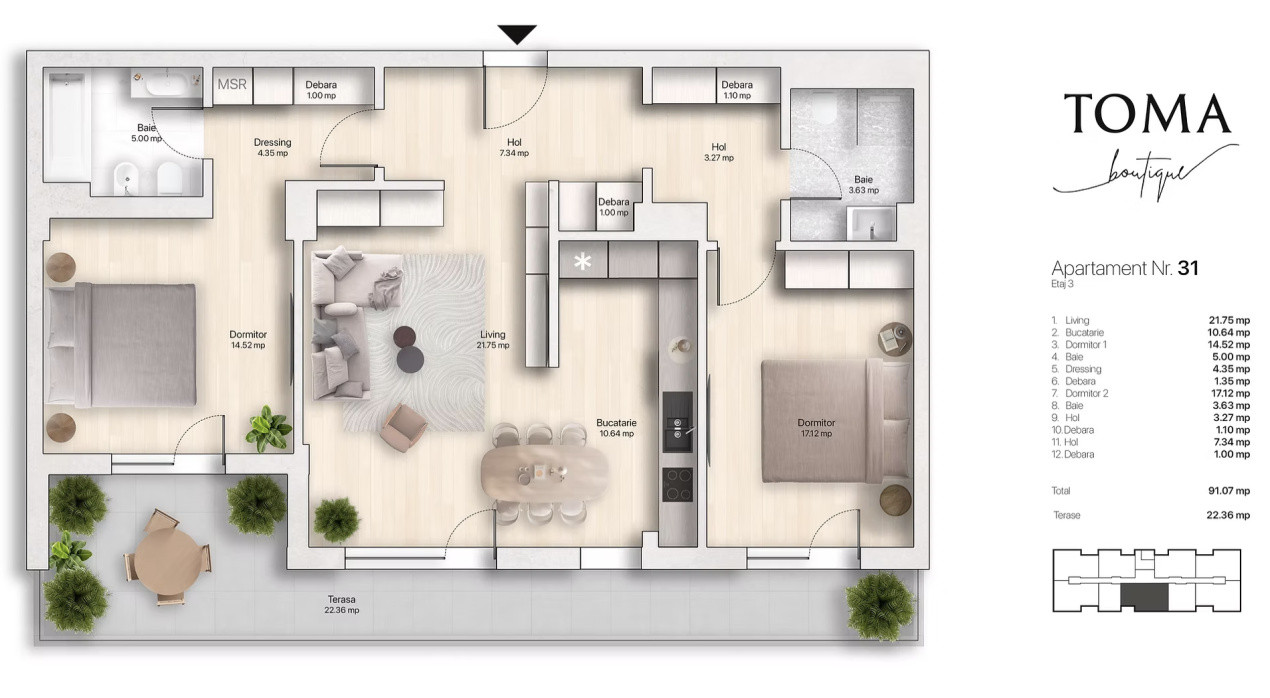 Apartament 3 camere, 91,07 mp utili, 22,36 mp terasă – Etaj 3