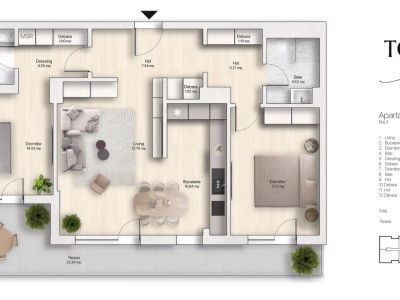 Apartament 3 camere, 91,07 mp utili, 22,36 mp terasă – Etaj 3
