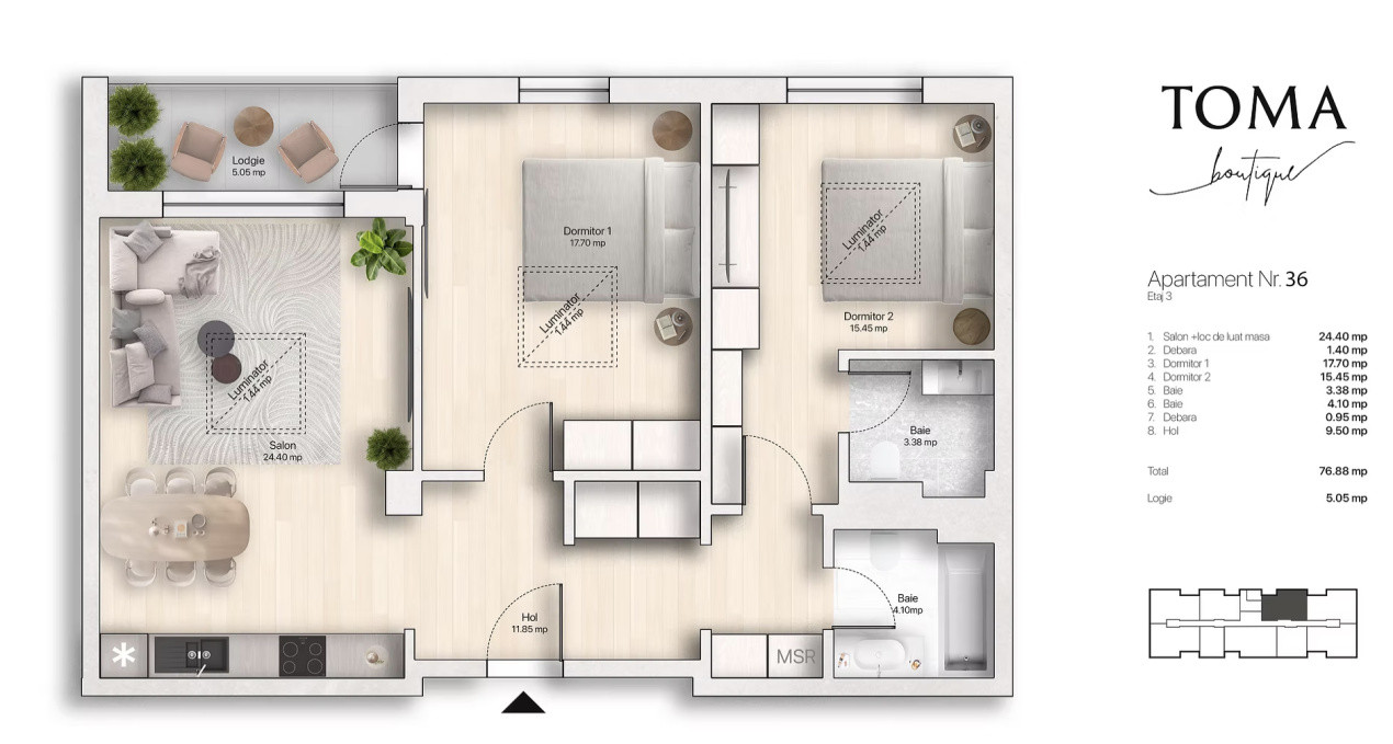 Apartament 3 camere, 76,88 mp utili – Etaj 3