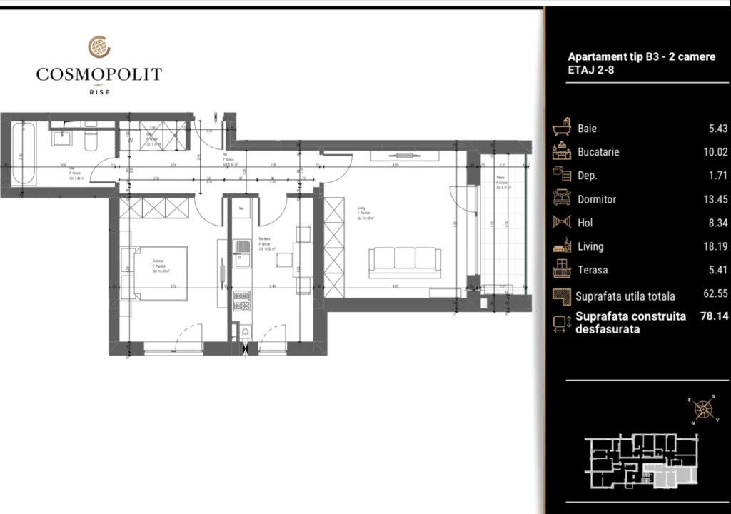 Apartament cu 2 camere - Cosmopolit Rise 