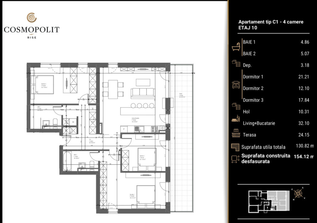 Apartament cu 4 camere – Cosmopolit Rise, Etaj 10