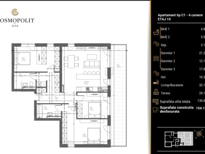 Apartament cu 4 camere – Cosmopolit Rise, Etaj 10