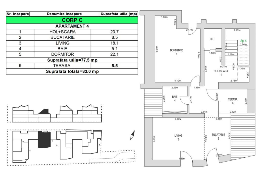 Apartament 2 camere, 77.5mp, mansardă, terasă 5.5mp