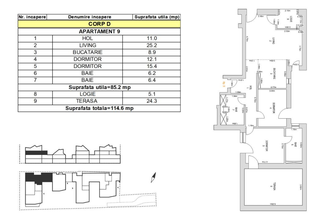 Apartament 3 camere, 98 mp, etaj 2, terasă 24.3mp