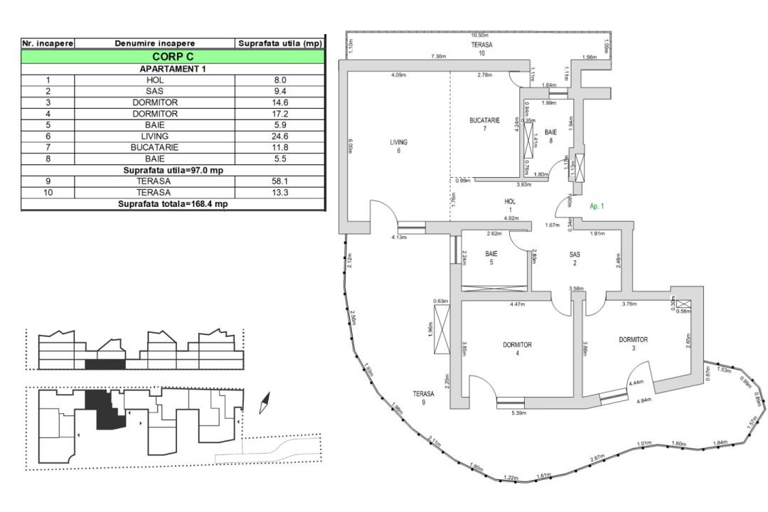 Apartament 3 camere, 97mp, parter, grădină 71.4mp