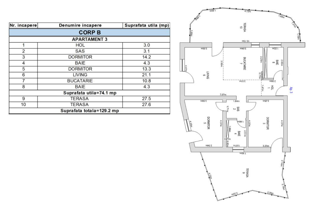 Apartament 3 camere, parter, 74.1mp, grădină 55.1mp
