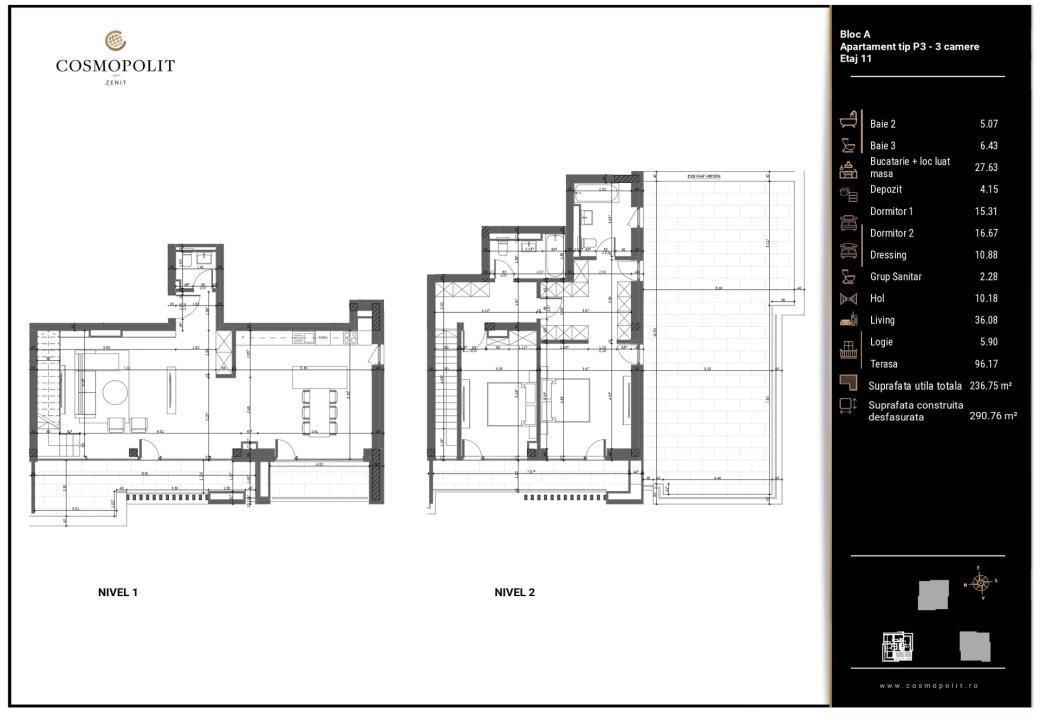 Penthouse 3 camere, 2 niveluri Cosmopolit Zenit