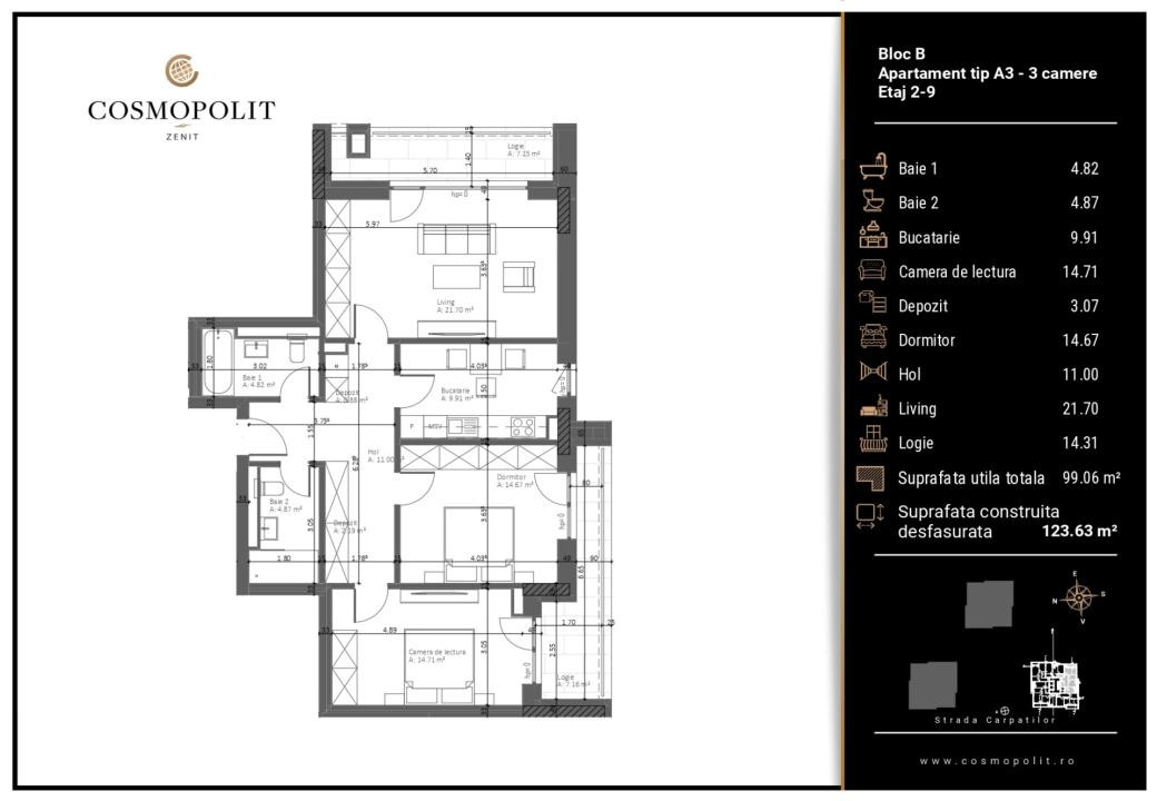 Apartament 3 camere, etajul 3,  Cosmopolit Zenit