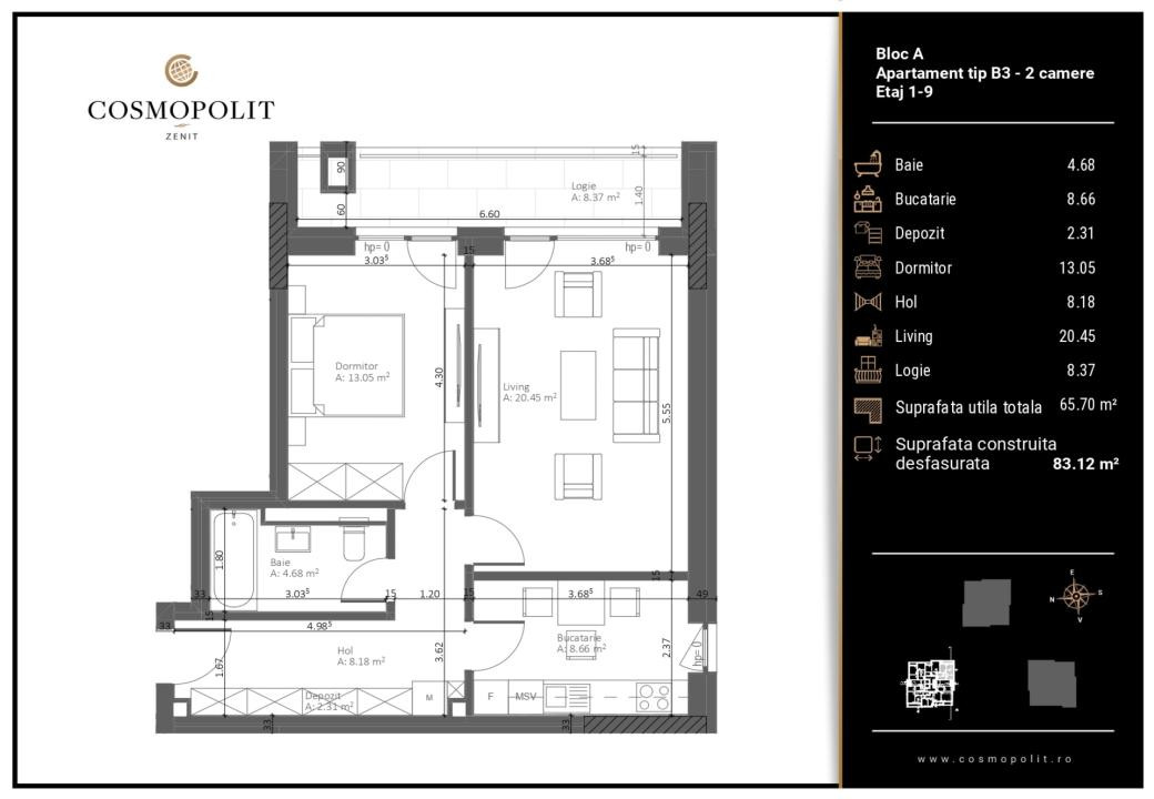 Apartament 2 camere Cosmopolit Zenit, Etajul 1
